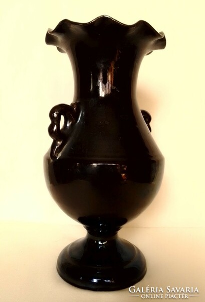 Old antique black glazed ceramic urn vase, beautiful classic shape, turn of the century, Mezőtúr
