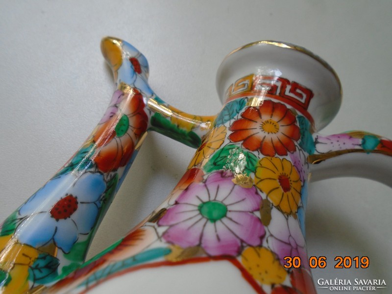 Millefleure (thousand flowers) gold-plated, hand-painted wine pourer with 2 glasses, handwritten mark