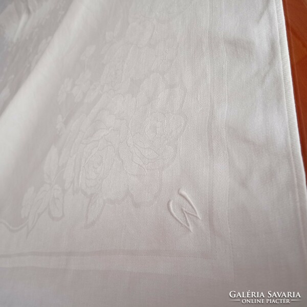 Antique w monogrammed tablecloth, damask, 125 x 120 cm