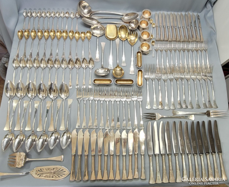 English-style, antique silver cutlery set in a box for 12 people, 146 pieces