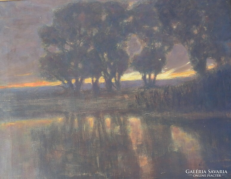 Antique marked painting - sunset - unknown painter
