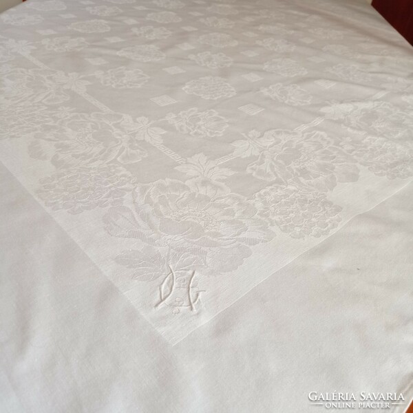Antique tablecloth, gh monogram, damask, 130 x 135 cm