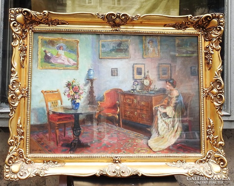 Baló Ákos (? - 1917) festménye, Hölgy gitárral - olajfestmény, eredeti, szignált 1900-as évek eleje!