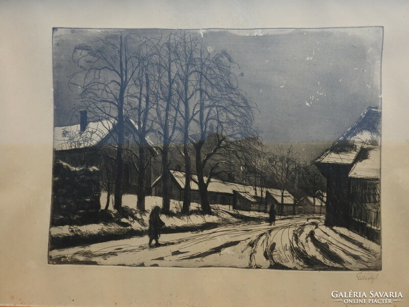 István Élesdy - etching - village street