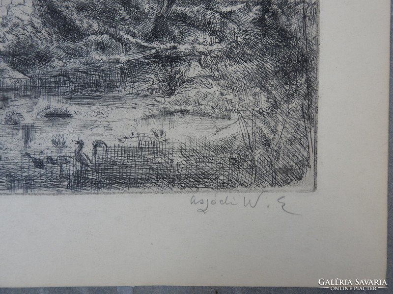 Erzsébet Weil of Asód (1901 - 1976) etching _ landscape with fishing children