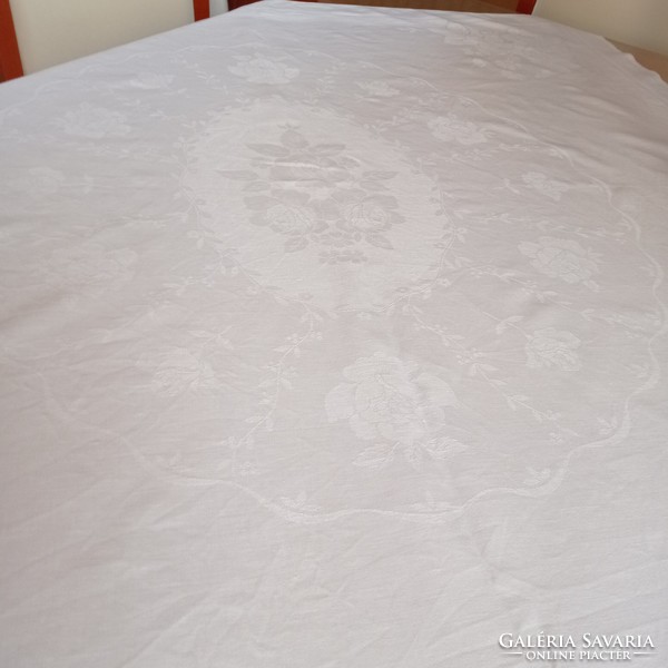 Antique w monogrammed tablecloth, damask, 125 x 120 cm