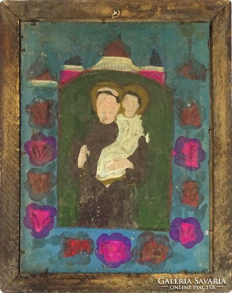 1J827 antique Transylvanian glass icon depicting the little Jesus and Saint Antal of Padua 46.5 X 36.5 Cm