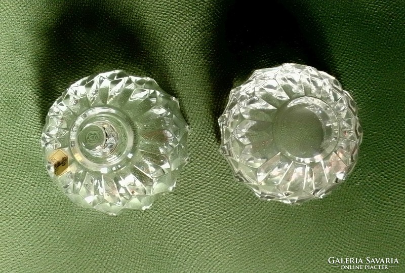 Szép kis mini kristály üveg bonbonier gömb, ékszertartó, gyűrűtartó, német etikett, hibátlan, 7 cm