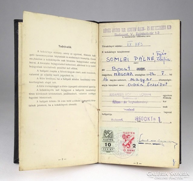1K873 Eötvös Lóránd Tudományegyetem állam és jogtudományi kar leckekönyv 1960-65