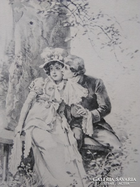 Antik hosszúcímzéses szecessziós romantikus képeslap/üdvözlőlap elegáns hölgy, úr 1900 körüli