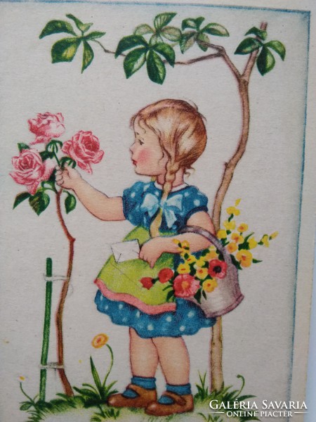 Régi grafikus gyerekmotívumos képeslap/üdvözlőlap kislány virágkosárral, rózsa 1930-40 körül