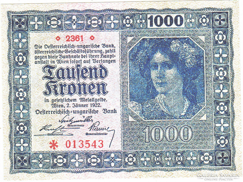 Austria 1,000 kroner 1922 replica unc