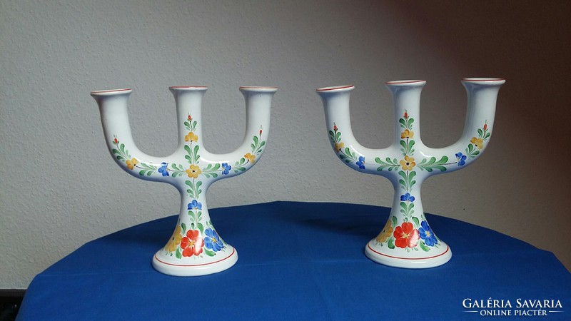 Two granite ceramic three-pronged candlesticks