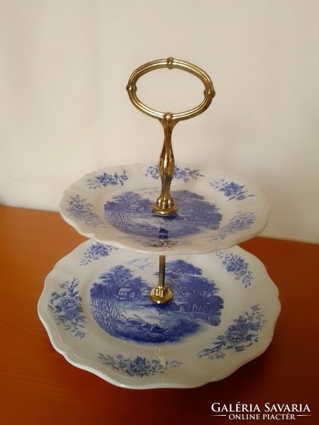 Tiered Two-Tier Blue and White French Glazed Porcelain Serving Table Center Copper Handle Sarreguemines