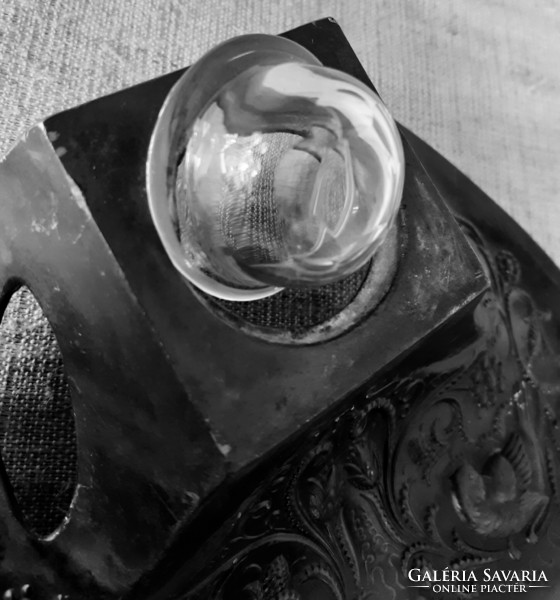 Old pewter writing desk in good condition, art nouveau inkstand with polished glass insert