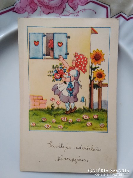 Régi grafikus gyerekmotívumos képeslap/üdvözlőlap kislány virágcsokorral, napraforgó 1950