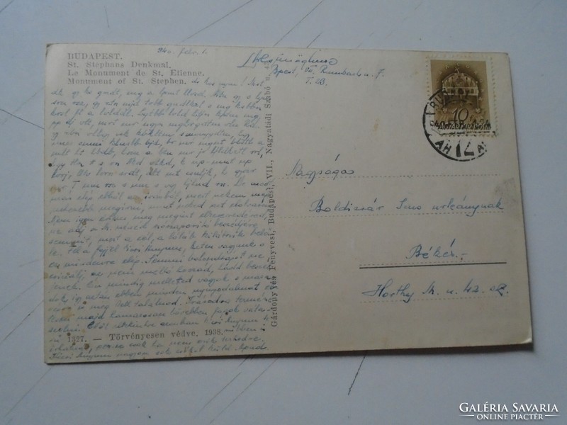 D191163  Régi képeslap - BUDAPEST -  Szent István szobor - 1940 Békés