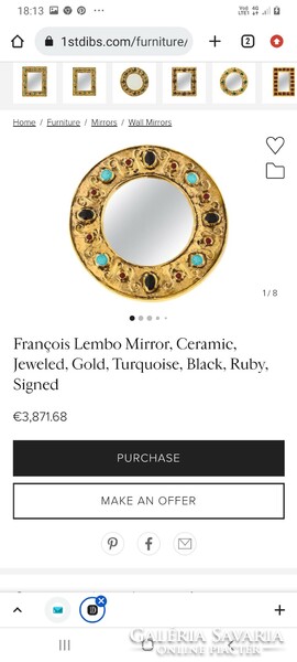 François Lembo Mirror, Ceramic, Jeweled, Gold, Turquoise, Black, Signed