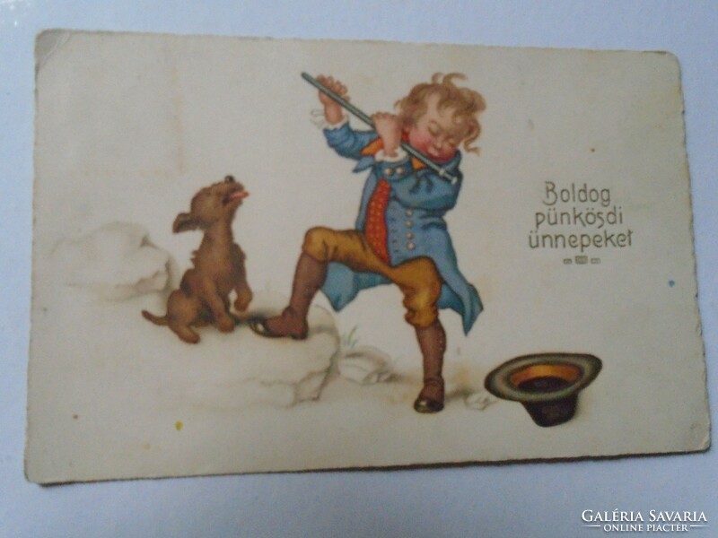 D191185 old postcard - flutist street musician with dog peaceful 1931 Boldizsár