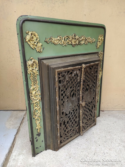 Antique fireplace stove frame inside with stove engraved iron brass overlay 986 6101