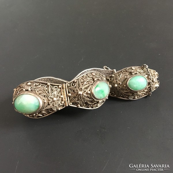 Antique filigree silver bracelet jade 17.5 cm