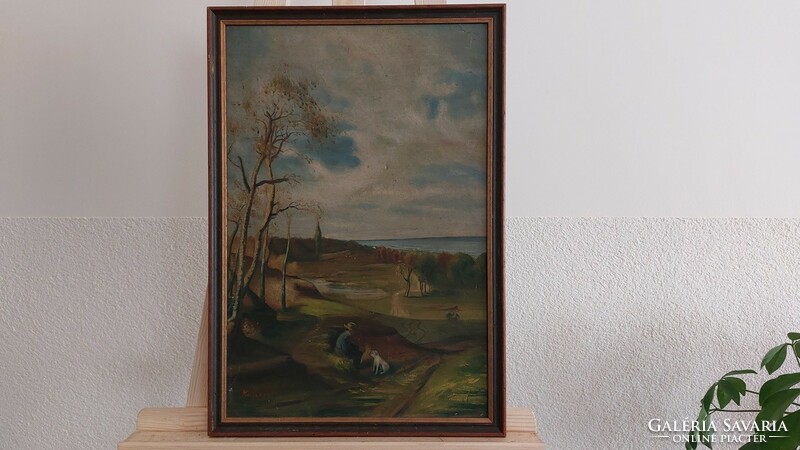 (K) signed landscape painting with a figure, with a dog, 36x53 cm frame. Oil, cardboard