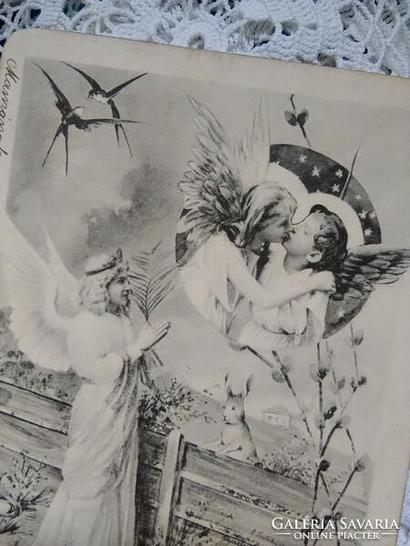 Antik hosszúcímzéses monokróm képeslap, Húsvét, angyalok, nyuszi, fecskék 1902