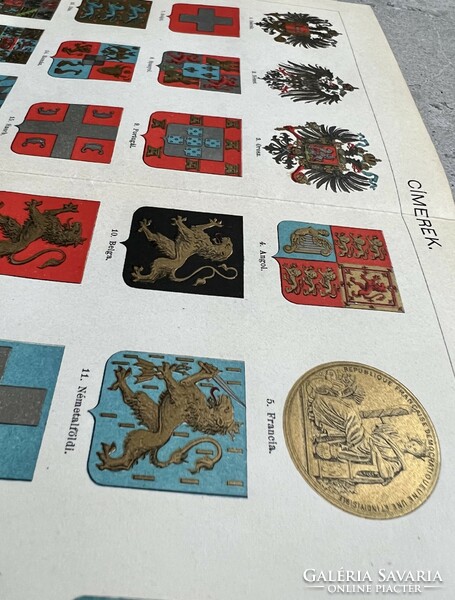 Antik 19.sz Címerek színes nyomat- papír-plakát,nemzet, heraldika, bajor,szász,belga,dán,porosz,ango