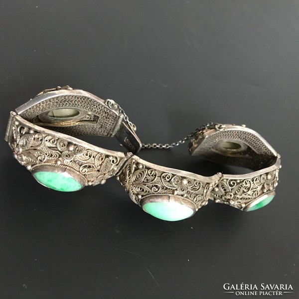 Antique filigree silver bracelet jade 17.5 cm