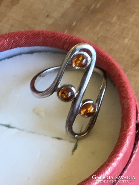 Silver ring with real amber