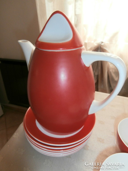 Art deco piros fehér gránit teás szett