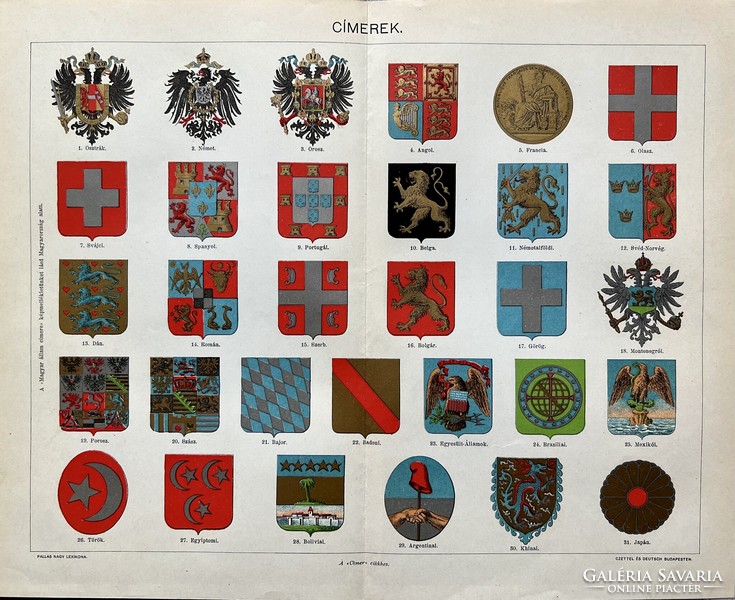 Antique 19th century coats of arms color print-paper-poster, nation, heraldry, Bavarian, Saxon, Belgian, Danish, Prussian, English