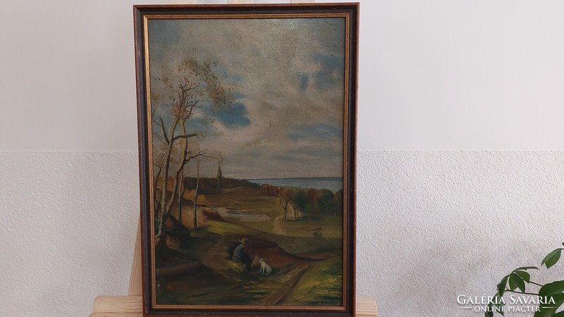 (K) Szignózott tájképfestmény alakkal, kutyával 36x53 cm kerettel. Olaj, karton