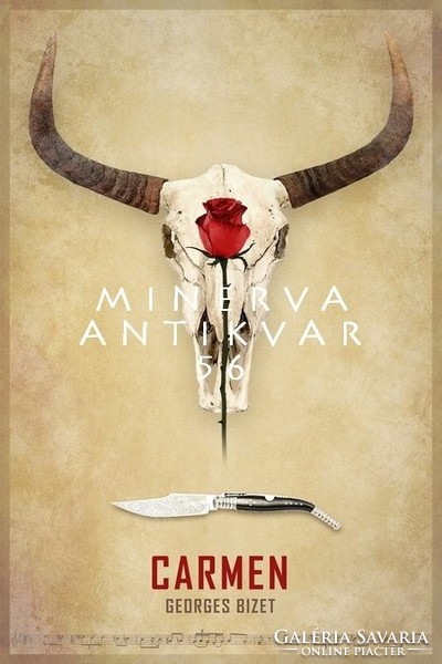 Bizet: Carmen opera plakát, bika koponya vörös rózsa navajo tradicionális spanyol zsebkés bicska