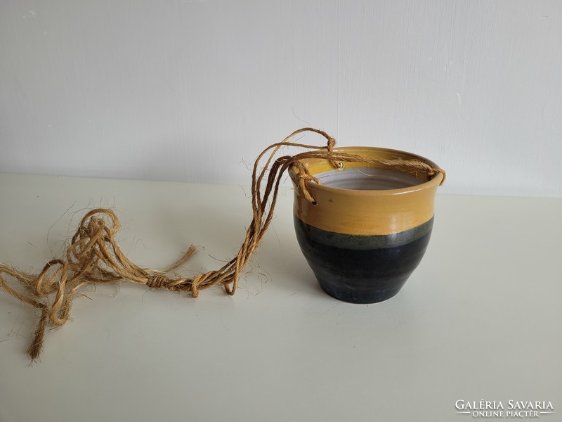 Old retro glazed ceramic hanging pot mid century hanging pot planter