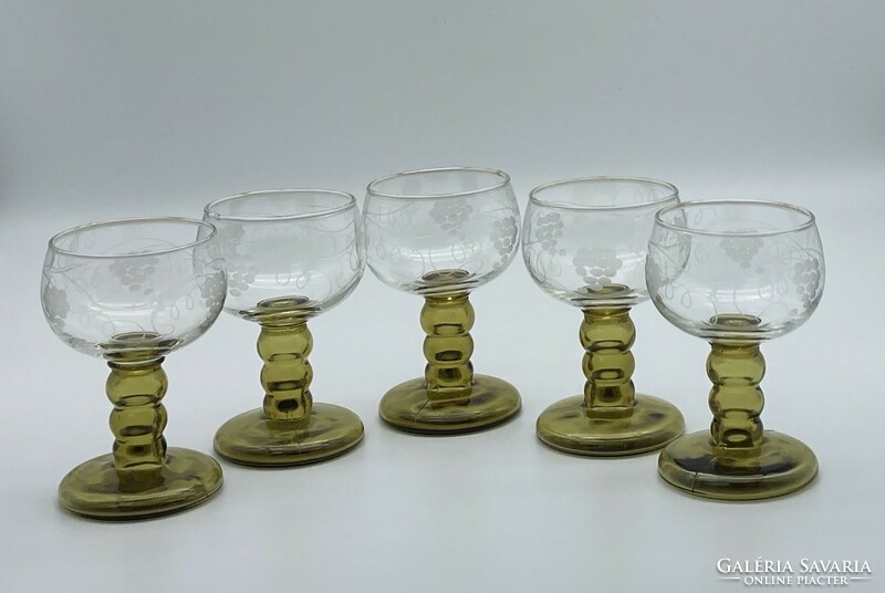 Wine glasses with green base, grape pattern, acid etched