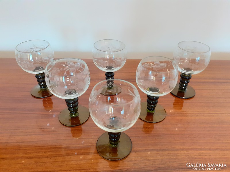 Retro üvegpohár készlet szőlőmintás régi talpas pohár 6 db