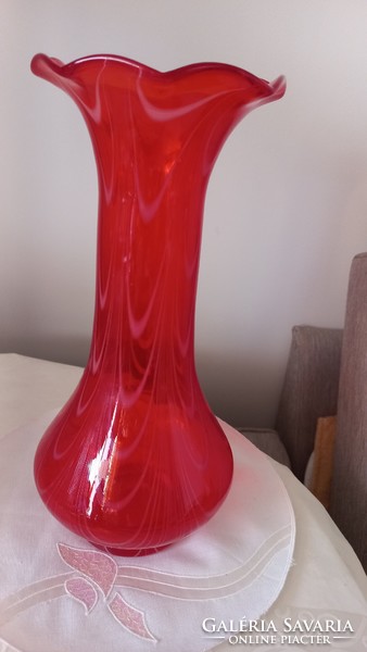 Old blown glass, fire red transparent, thick-walled, Murano?, Densely patterned, frilly edged glass vase