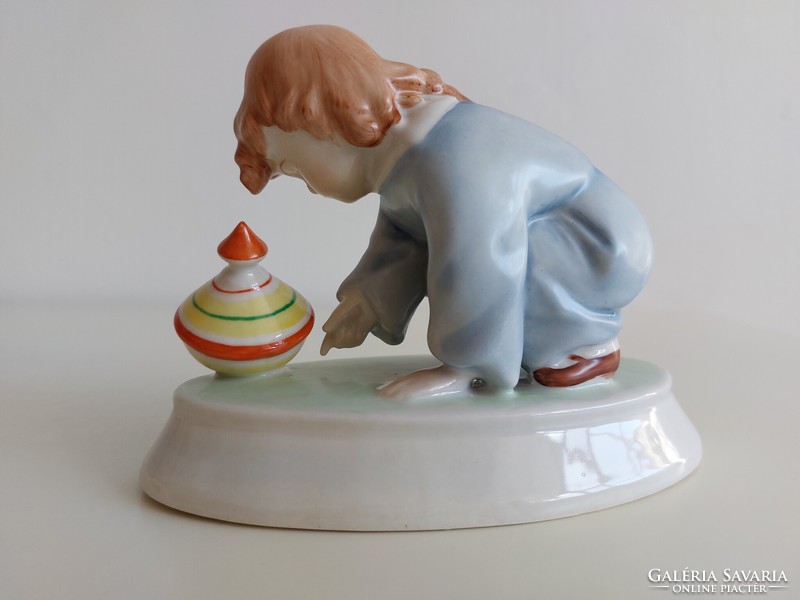 Régi Zsolnay Sinkó porcelán kisfiú búgócsigával