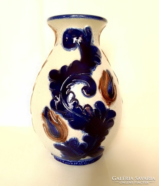 Vintage Old German Glaze Hand Painted Ceramic Hardware Vase, Pitcher, Marked, Cobalt Blue Pattern