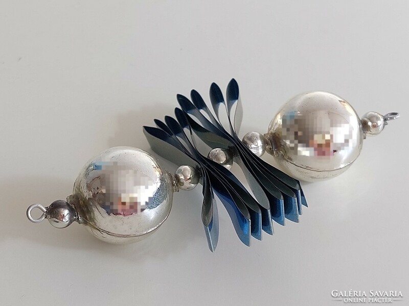 Old glass Christmas tree ornament silver glass ornament with blue ribbon