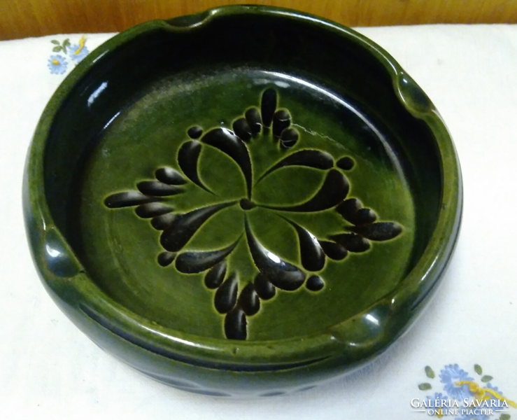 Mezőtúr green glazed ceramics 3 pcs in one, vase, ashtray, pot + freeware 1 ashtray