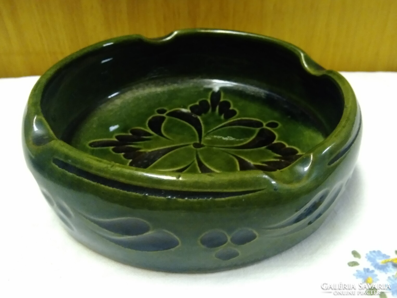 Mezőtúr green glazed ceramics 3 pcs in one, vase, ashtray, pot + freeware 1 ashtray