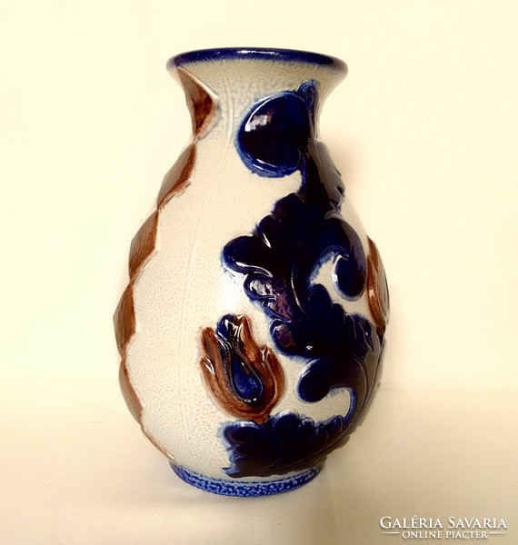 Vintage régi német mázas kézzel festett kerámia keménycserép váza, korsó, jelzett, kobalt kék minta