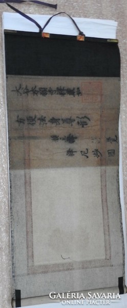 Antik japán kézzel szövött - aláírt - tekercskép - Buddha lótuszvirágon -  Meidzsi - korszakból