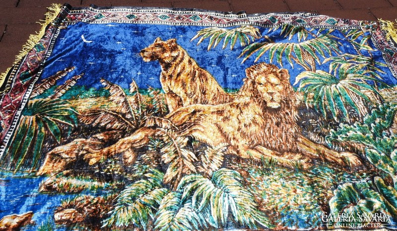 Lions in the moonlight - huge antique silk mocha tablecloth - tapestry