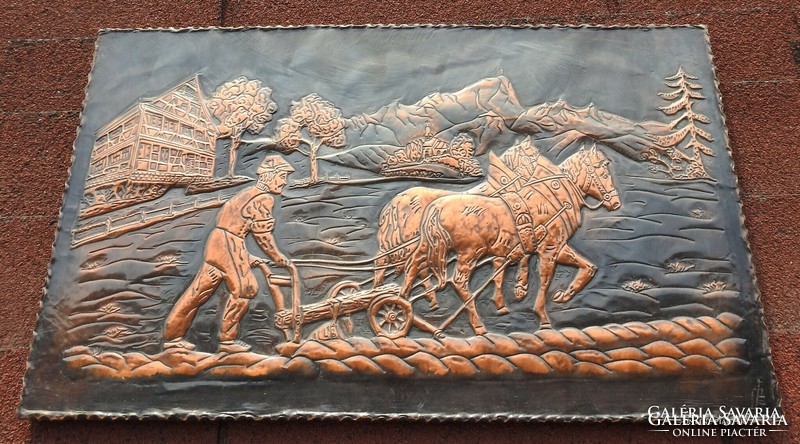 Galvano sculpture - marked goldsmith's work on a wooden plate - plowing