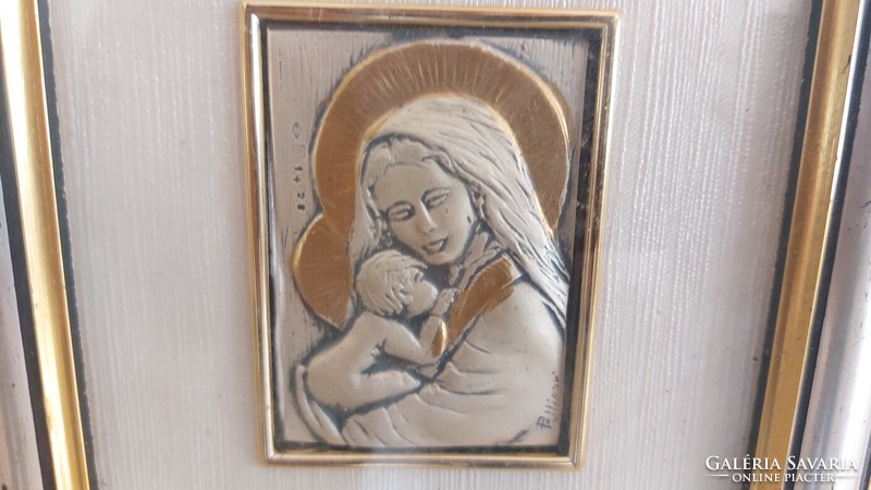 (K) Mária és a kis Jézus ezüst kép, relief 18x16 cm kerettel