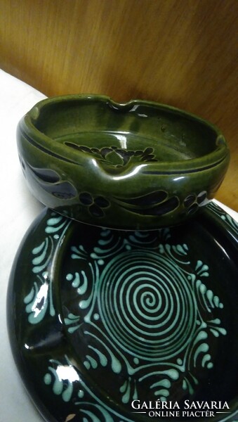 Mezőtúr green glazed ceramics 3 pcs in one, vase, ashtray, pot + freeware 1 ashtray