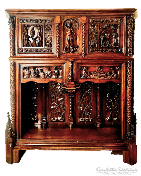 A591 antique, richly carved Renaissance, monastery cabinet with a biblical scene